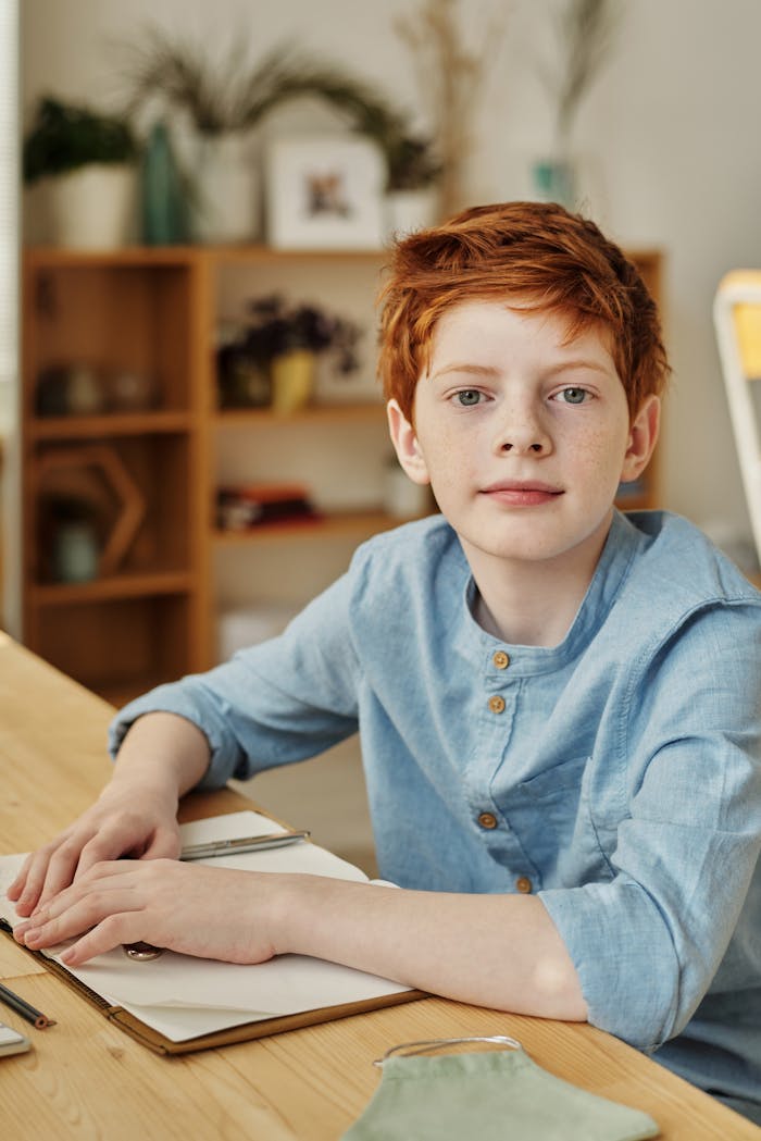 Redheaded boy concentrating on homework at a desk indoors, embodying focused learning.